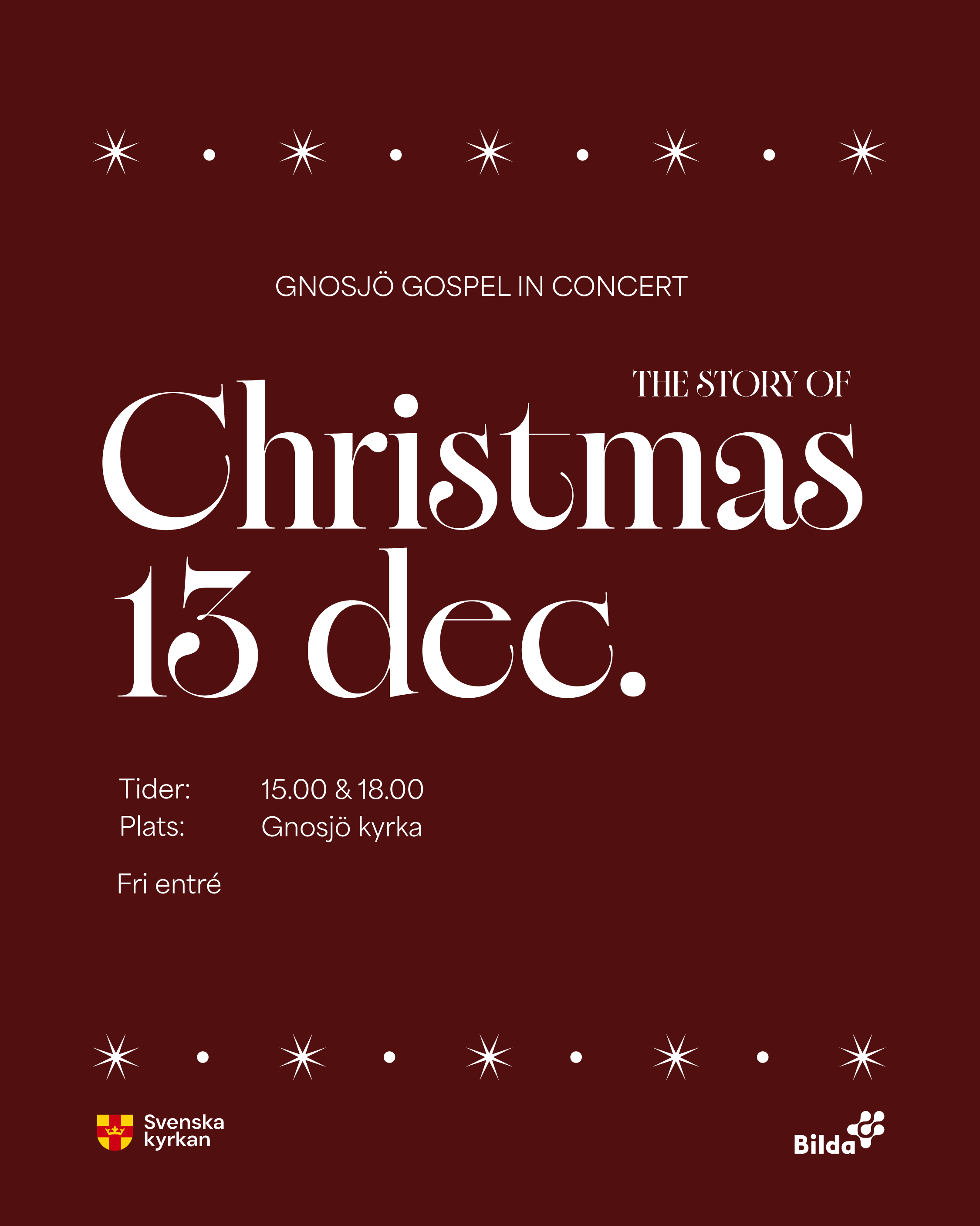 Julkonsert 13:e december kl15 o kl18.